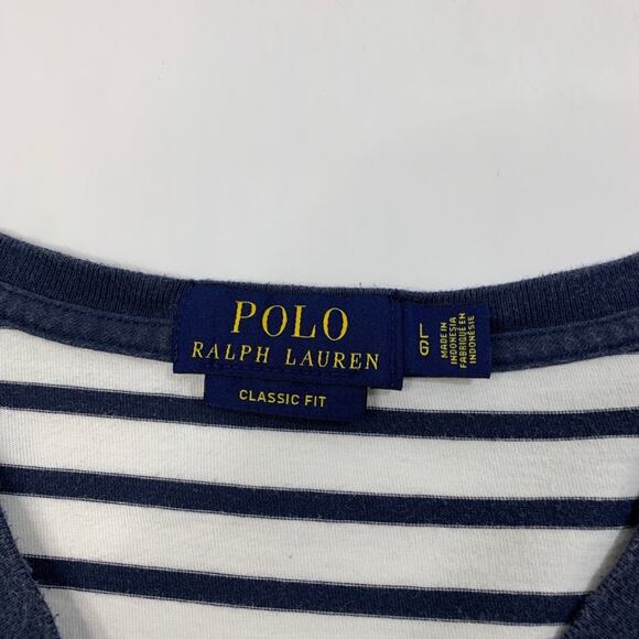 Polo Ralph Lauren Shirt Mens L White Navy Classic Fit Striped V Neck Pocket Tee - Picture 4 of 9